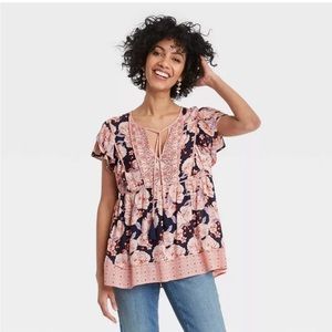 Knox Rose Floral Print Flutter Short Sleeve V-Neck Top, L MSRP $45
